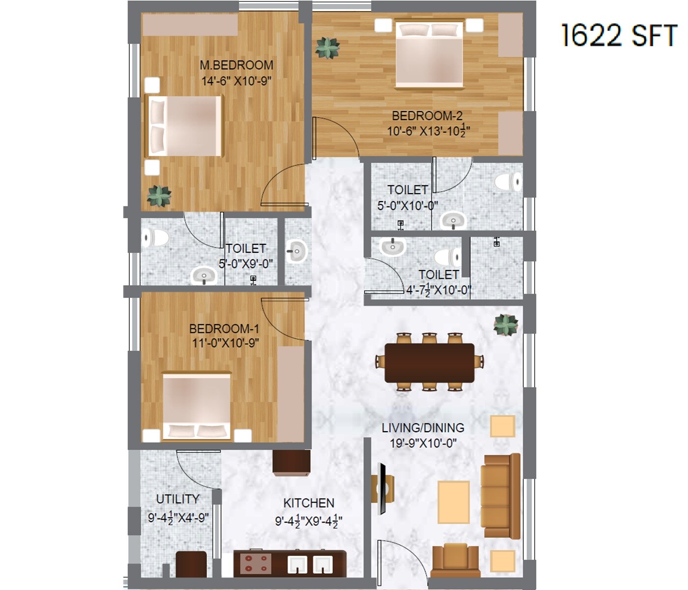 Floor plan of 3 BHK 1622 Sq. Ft. Apartment in BMR Sterling, Hyderabad