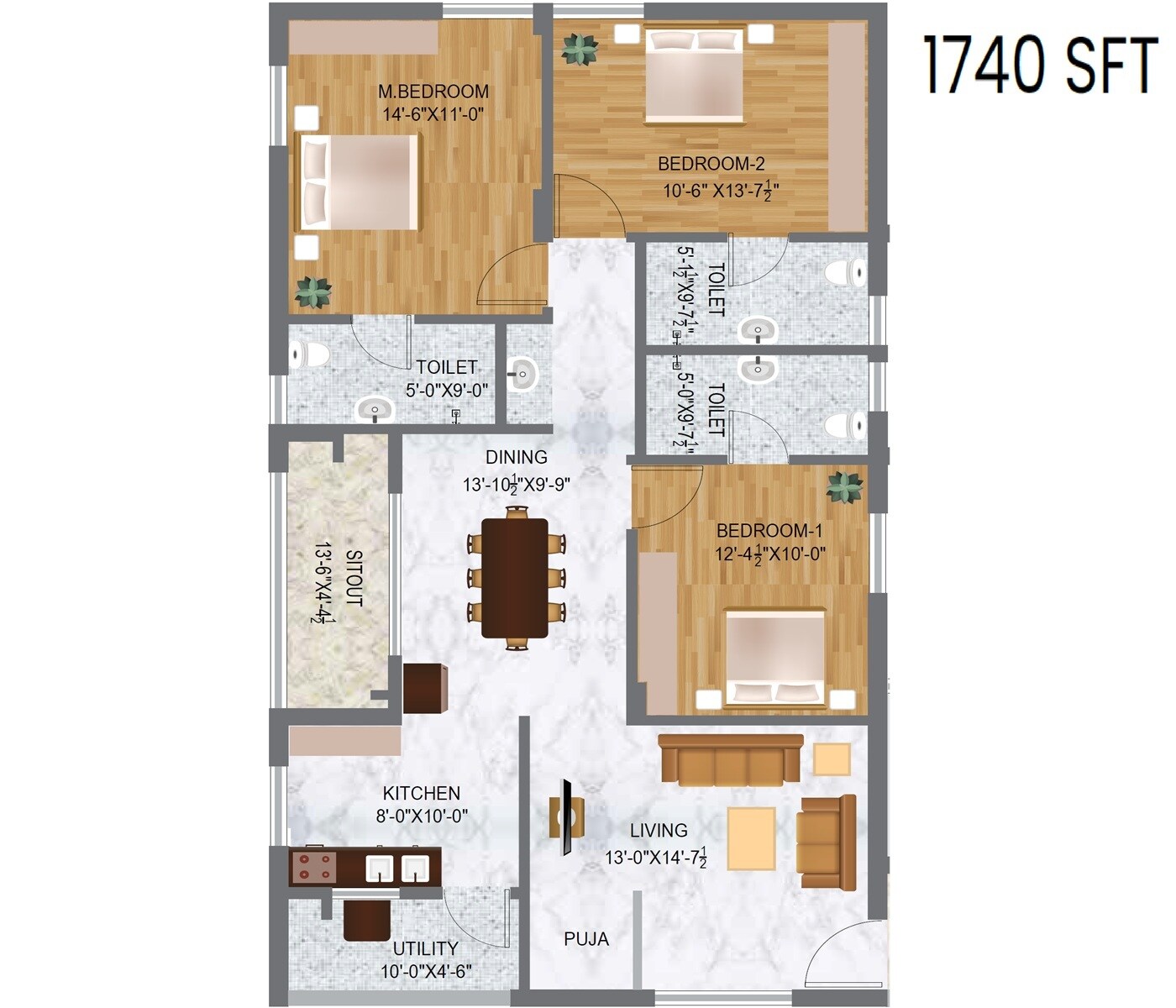Floor plan of 3 BHK 1740 Sq. Ft. Apartment in BMR Sterling, Hyderabad