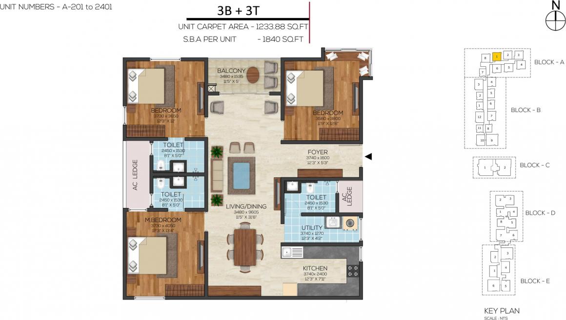 Floor plan of 3 BHK 1840 Sq. Ft. Apartment in Bollineni Bion, Hyderabad