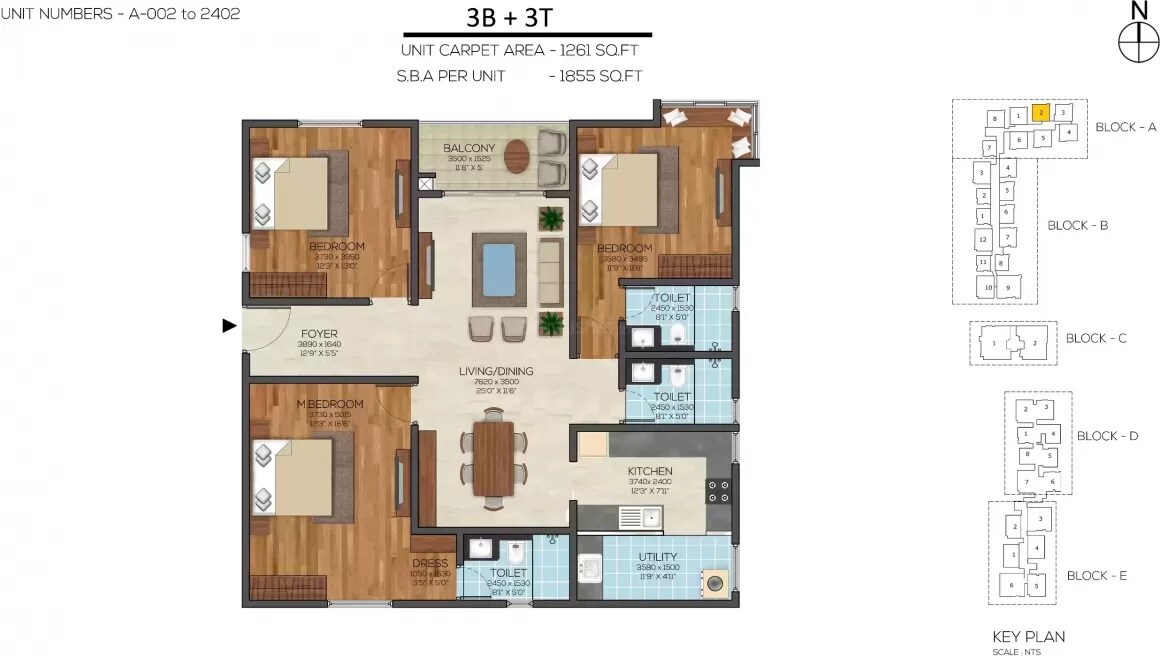 Floor plan of 3 BHK 1855 Sq. Ft. Apartment in Bollineni Bion, Hyderabad