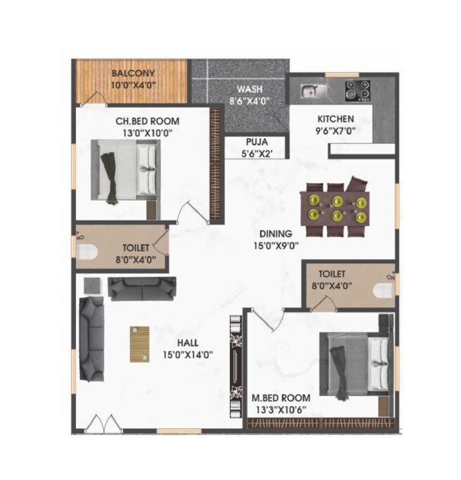 Floor plan of 2 BHK 1270 Sq. Ft. Apartment in Bommarillu Nandanavanam, Hyderabad