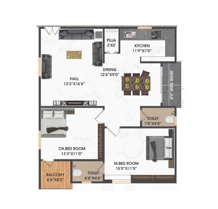 Floor plan of 2 BHK 1300 Sq. Ft. Apartment in Bommarillu Nandanavanam, Hyderabad