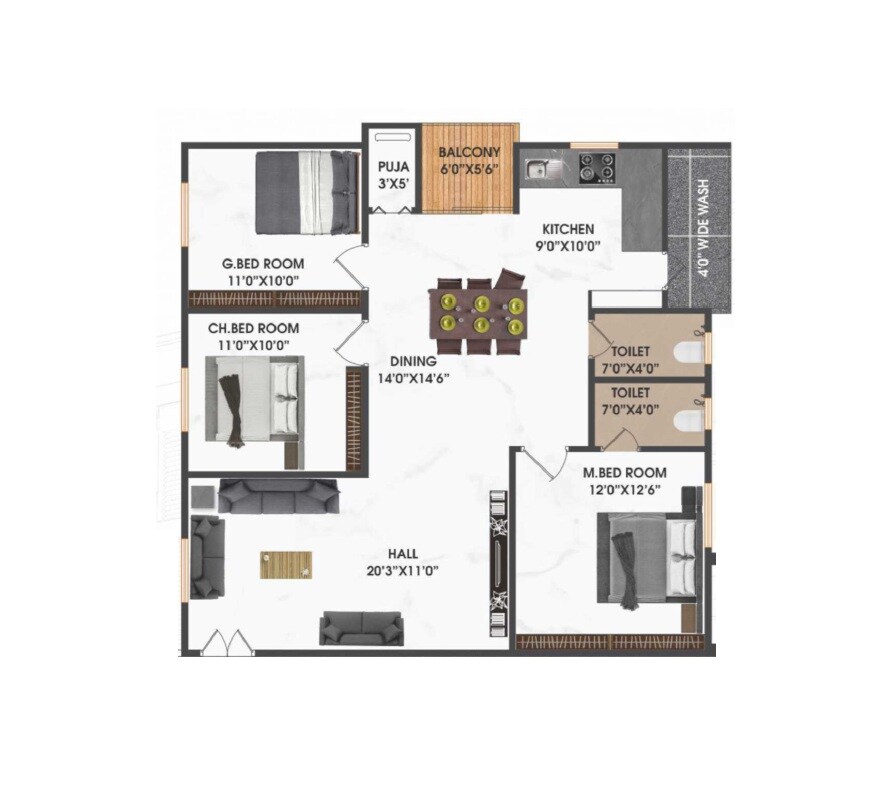 Floor plan of 3 BHK 1440 Sq. Ft. Apartment in Bommarillu Nandanavanam, Hyderabad