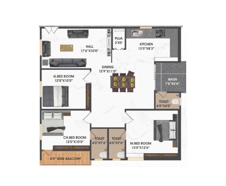 Floor plan of 3 BHK 1575 Sq. Ft. Apartment in Bommarillu Nandanavanam, Hyderabad