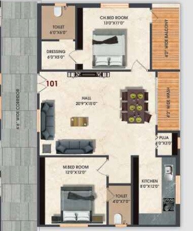 Floor plan of 3 BHK 1330 Sq. Ft. Apartment in Bommarillu Skyra, Hyderabad