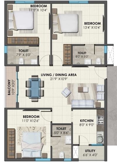 Floor plan of 3 BHK 1440 Sq. Ft. Apartment in Bonsai Arbour, Hyderabad
