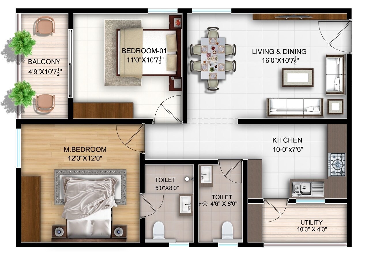 Floor plan of 2 BHK 1020 Sq. Ft. Apartment in Bonsai Cedar, Hyderabad