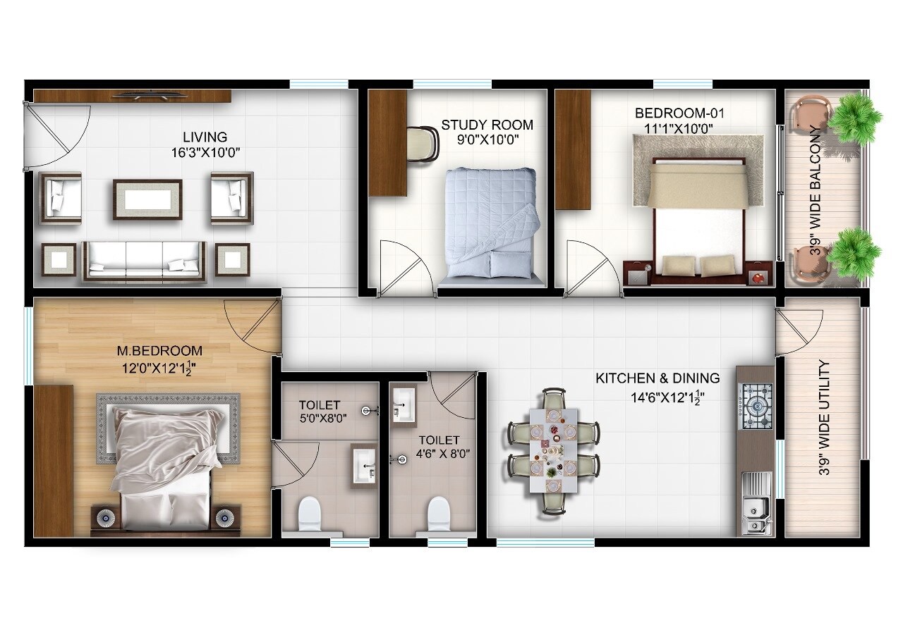Floor plan of 3 BHK 1256 Sq. Ft. Apartment in Bonsai Cedar, Hyderabad