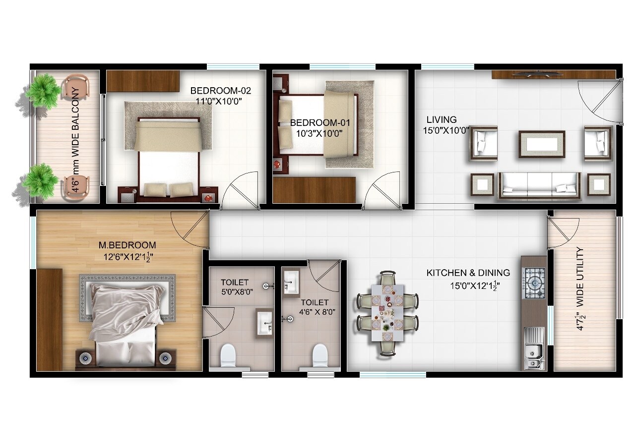 Floor plan of 3 BHK 1310 Sq. Ft. Apartment in Bonsai Cedar, Hyderabad