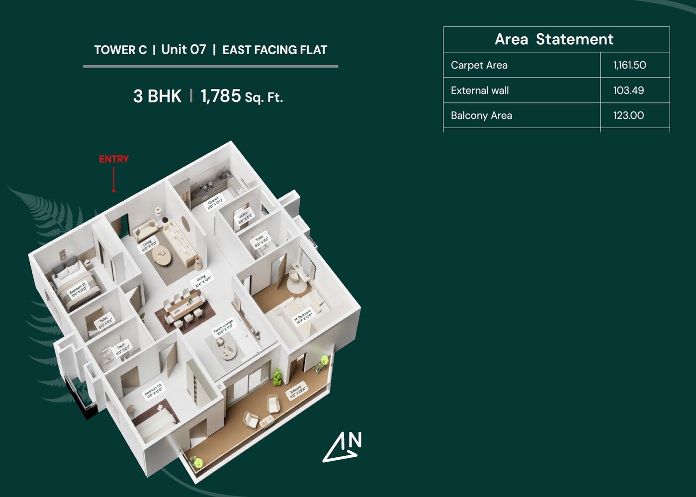 Floor plan of 3 BHK 1785 Sq. Ft. Apartment in Bonsai Fern, Hyderabad