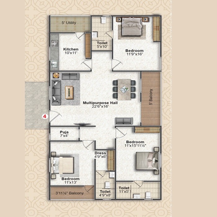 3 BHK 1936 Sq. Ft. Apartment