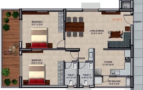Floor plan of 2 BHK 1405 Sq. Ft. Apartment in BRC Sri Hemadurga Sivahills, Hyderabad