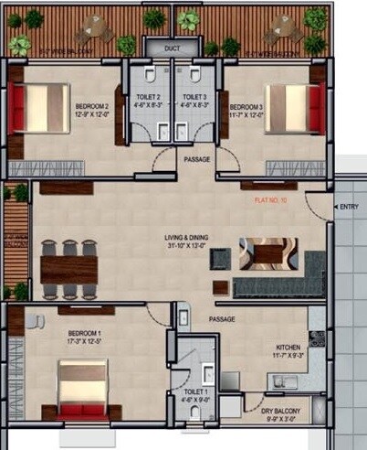 Floor plan of 3 BHK 1575 Sq. Ft. Apartment in BRC Sri Hemadurga Sivahills, Hyderabad