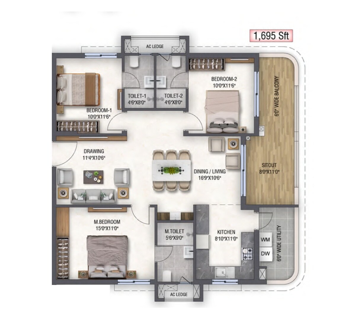 3 BHK 1695 Sq. Ft. Apartment