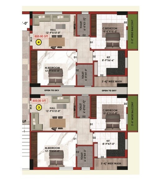 2 BHK 850 Sq. Ft. Apartment