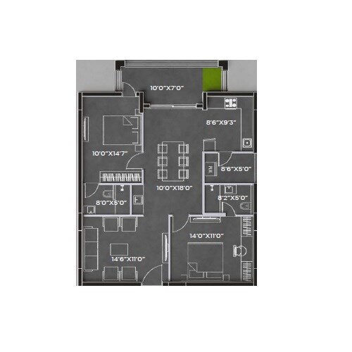 Floor plan of 2 BHK 1345 Sq. Ft. Apartment in Bricks Cyberwoods, Hyderabad