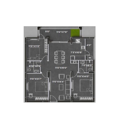 Floor plan of 3 BHK 1560 Sq. Ft. Apartment in Bricks Cyberwoods, Hyderabad