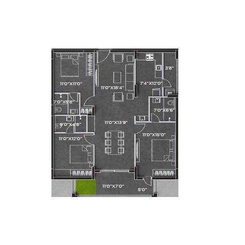 Floor plan of 3 BHK 1695 Sq. Ft. Apartment in Bricks Cyberwoods, Hyderabad
