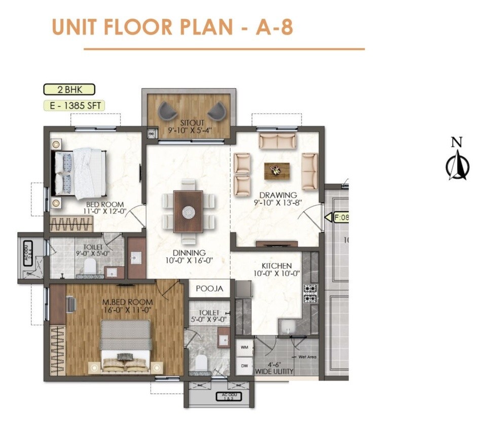 Floor plan of 2 BHK 1385 Sq. Ft. Apartment in Bricks Marvella, Hyderabad