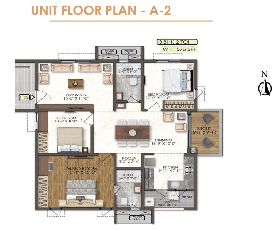 Floor plan of 3 BHK 1575 Sq. Ft. Apartment in Bricks Marvella, Hyderabad