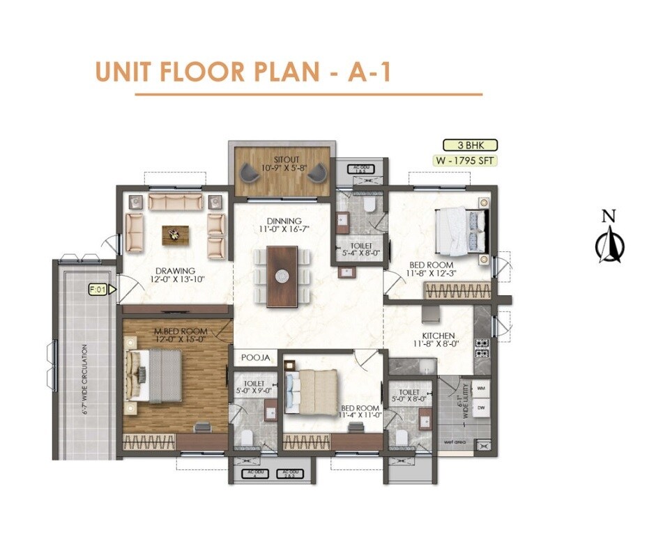 Floor plan of 3 BHK 1795 Sq. Ft. Apartment in Bricks Marvella, Hyderabad