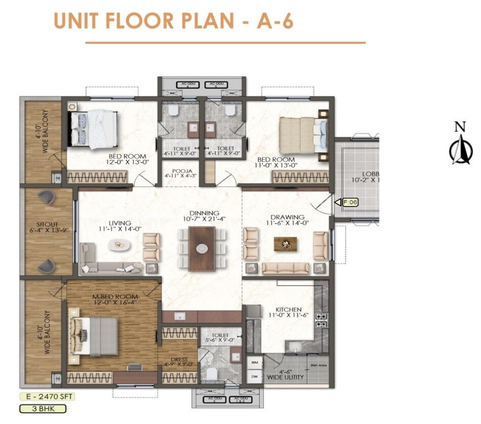 Floor plan of 3 BHK 2470 Sq. Ft. Apartment in Bricks Marvella, Hyderabad