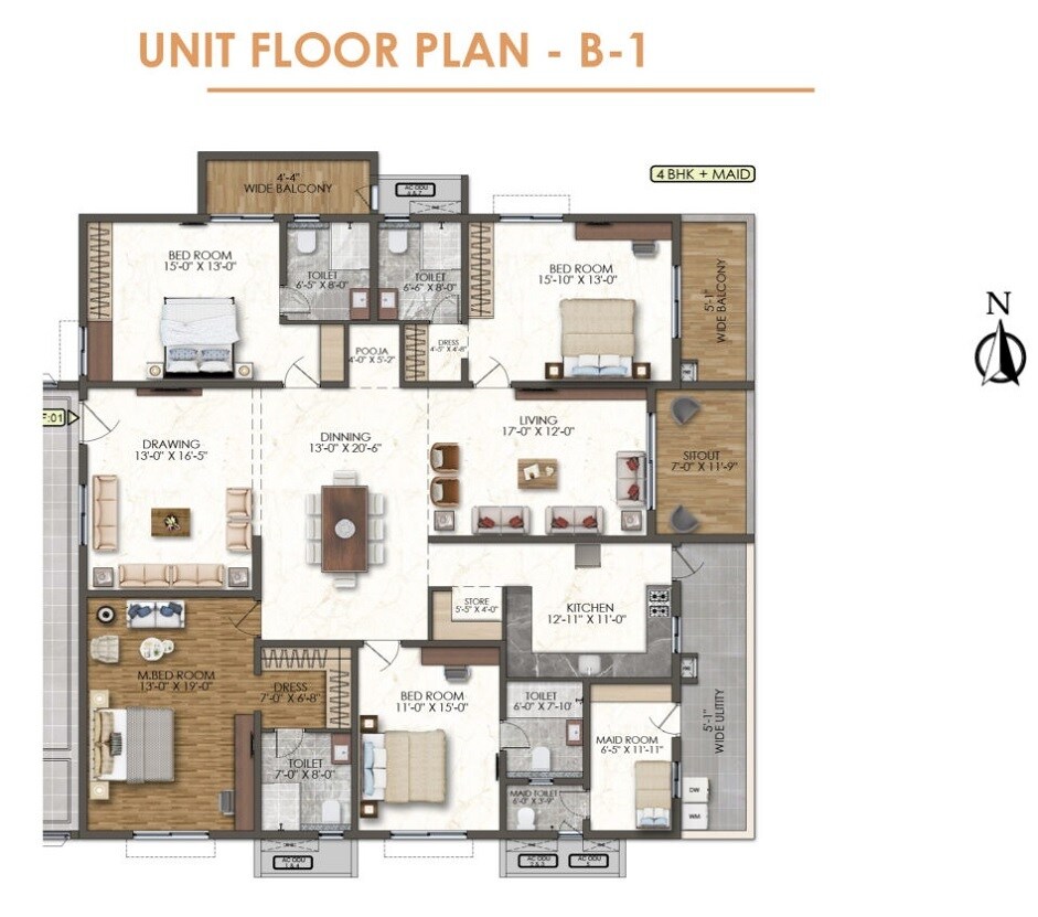 Floor plan of 4 BHK 3570 Sq. Ft. Apartment in Bricks Marvella, Hyderabad