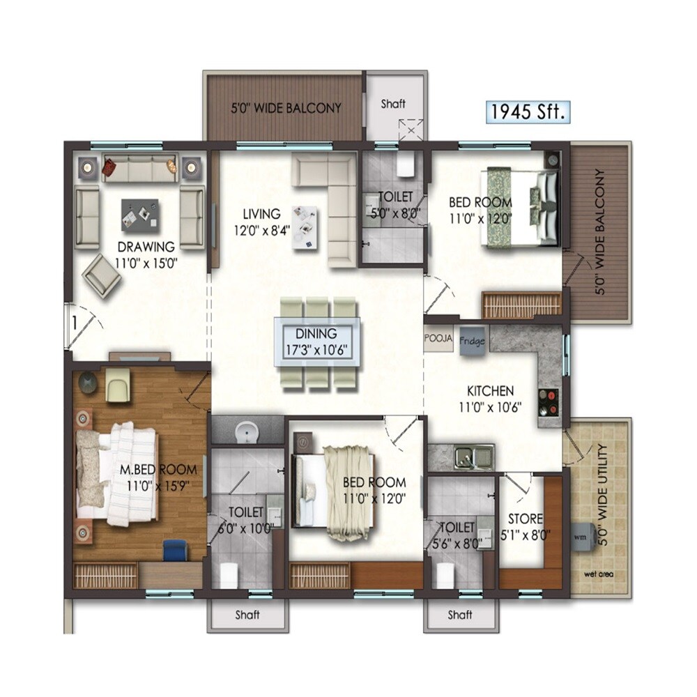 Floor plan of 3 BHK 1945 Sq. Ft. Apartment in Bridge Paramount, Hyderabad