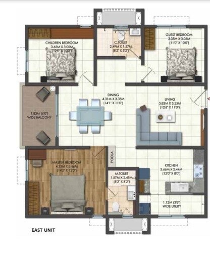 Floor plan of 3 BHK 1583 Sq. Ft. Apartment in Brigade Citadel Phase II, Hyderabad