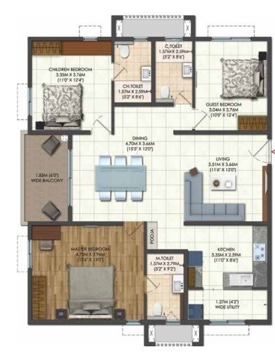 Floor plan of 3 BHK 1793 Sq. Ft. Apartment in Brigade Citadel Phase II, Hyderabad