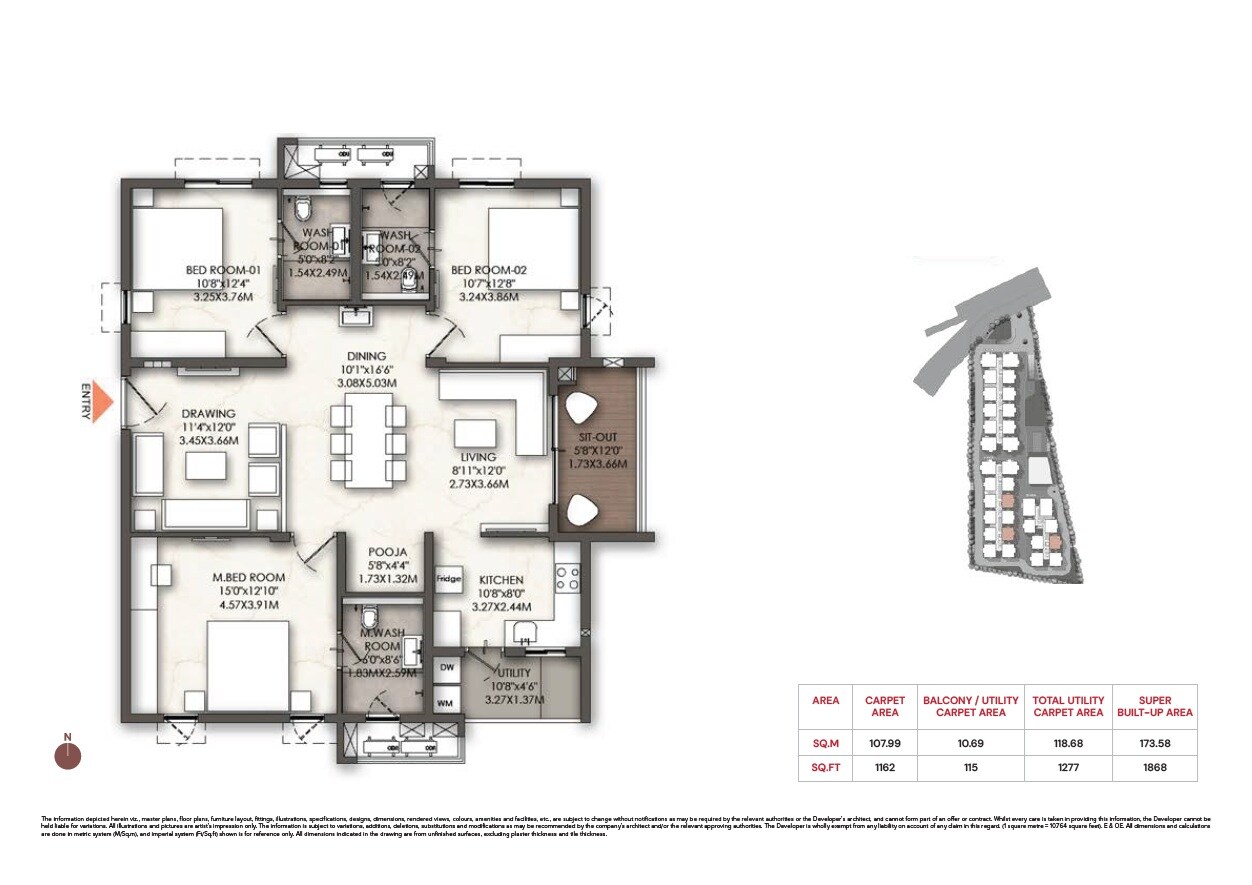 Floor plan of 3 BHK 1868 Sq. Ft. Apartment in Brigade Enclave, Hyderabad
