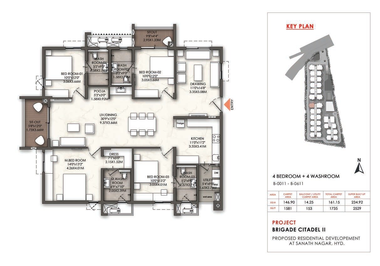 Floor plan of 4 BHK 2530 Sq. Ft. Apartment in Brigade Enclave, Hyderabad
