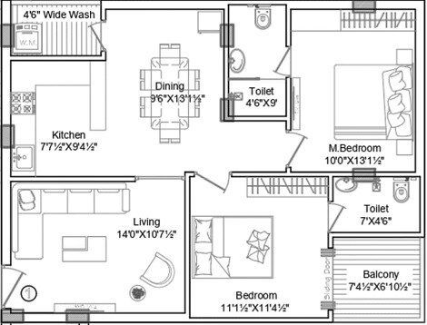 Floor plan of 2 BHK 1105 Sq. Ft. Apartment in Bright Space Shagun, Hyderabad