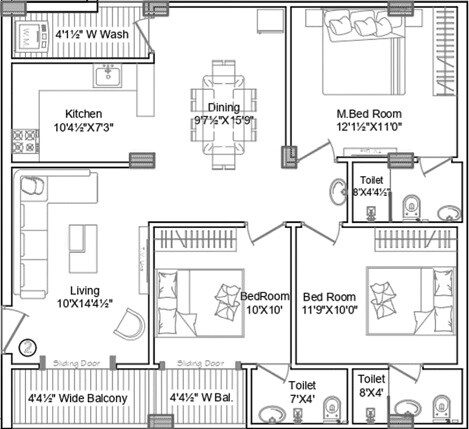 Floor plan of 3 BHK 1330 Sq. Ft. Apartment in Bright Space Shagun, Hyderabad