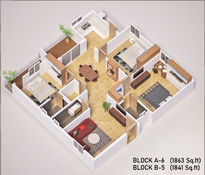 Floor plan of 3 BHK 1863 Sq. Ft. Apartment in Bruhat Ahana, Hyderabad
