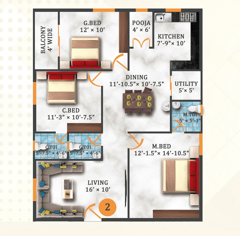 Floor plan of 3 BHK 1471 Sq. Ft. Apartment in Bruhat Tara, Hyderabad