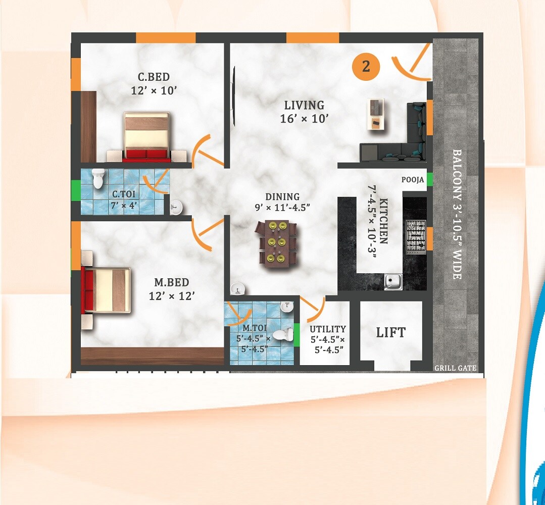 Floor plan of 2 BHK 1184 Sq. Ft. Apartment in Bruhat Veda, Hyderabad