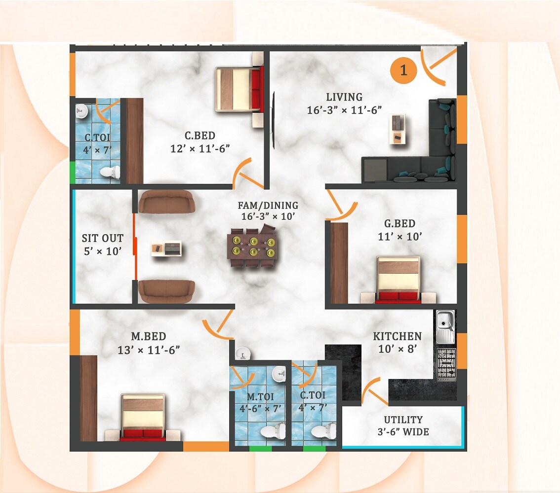 Floor plan of 3 BHK 1560 Sq. Ft. Apartment in Bruhat Veda, Hyderabad