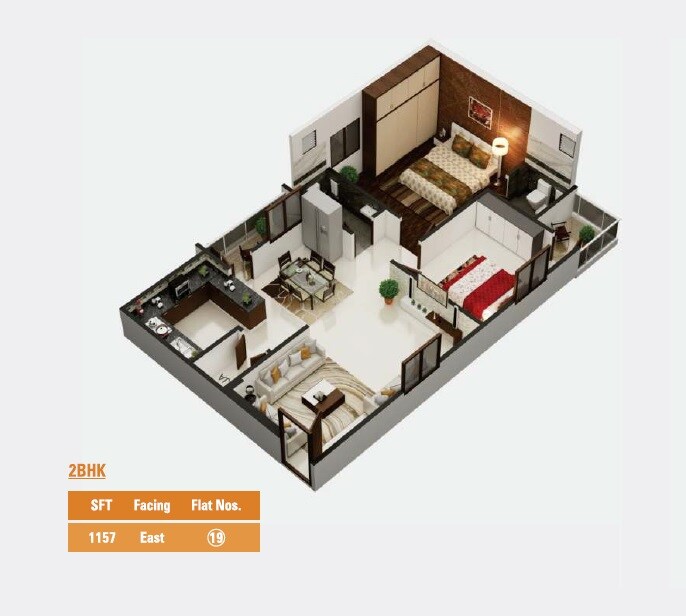 Floor plan of 2 BHK 1157 Sq. Ft. Apartment in BS Vishan S Castle, Hyderabad