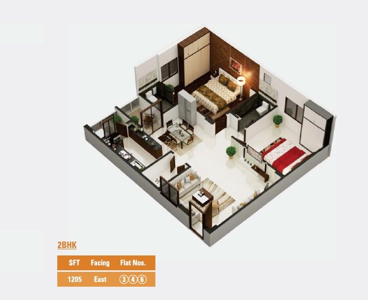 Floor plan of 2 BHK 1205 Sq. Ft. Apartment in BS Vishan S Castle, Hyderabad