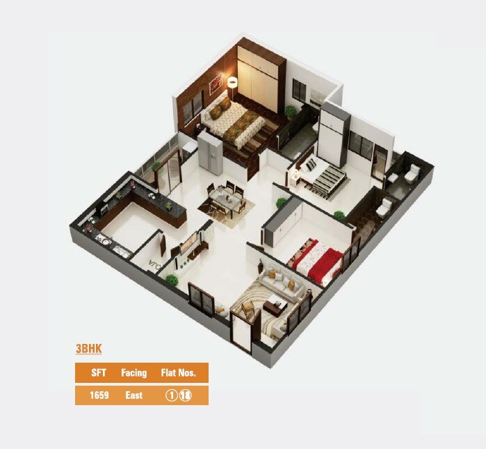 Floor plan of 3 BHK 1659 Sq. Ft. Apartment in BS Vishan S Castle, Hyderabad