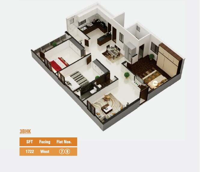 Floor plan of 3 BHK 1722 Sq. Ft. Apartment in BS Vishan S Castle, Hyderabad