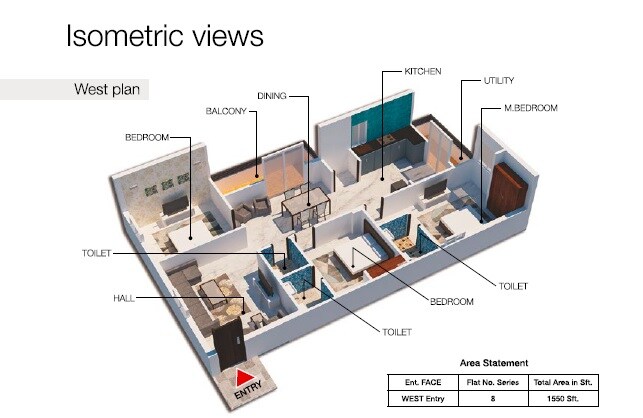 Floor plan of 3 BHK 1550 Sq. Ft. Apartment in Build Breezy Heights, Hyderabad
