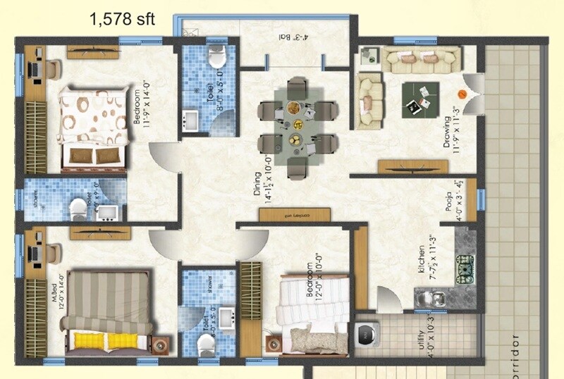Floor plan of 3 BHK 1578 Sq. Ft. Apartment in Buildmaster Samruddhi Apartment, Hyderabad