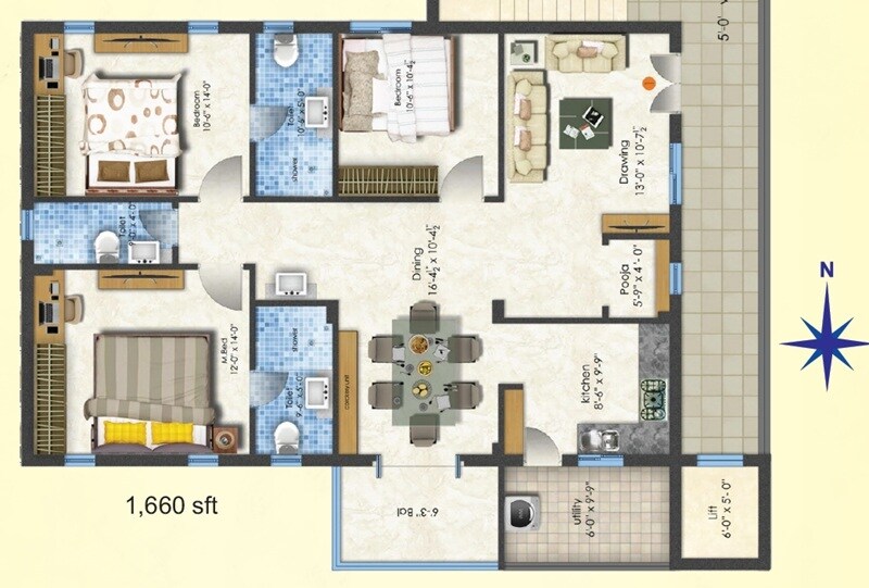 Floor plan of 3 BHK 1660 Sq. Ft. Apartment in Buildmaster Samruddhi Apartment, Hyderabad