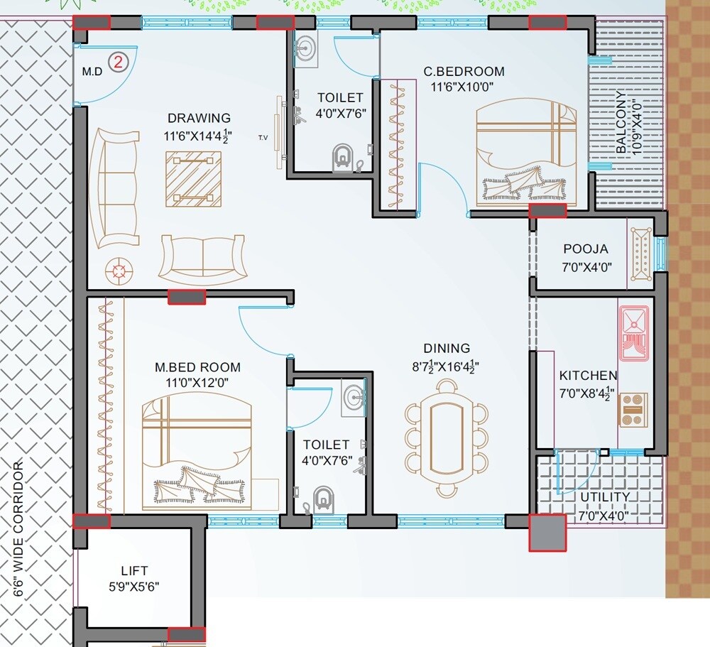 Floor plan of 2 BHK 1175 Sq. Ft. Apartment in BVR Cinder Glow, Hyderabad