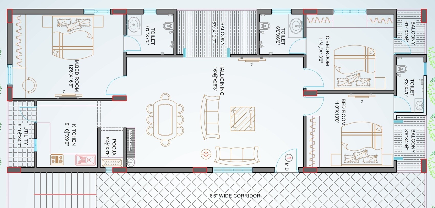 Floor plan of 3 BHK 1909 Sq. Ft. Apartment in BVR Cinder Glow, Hyderabad