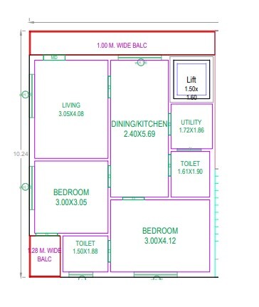 Floor plan of 2 BHK 1155 Sq. Ft. Apartment in BVR Laxmi Happy Homes, Hyderabad