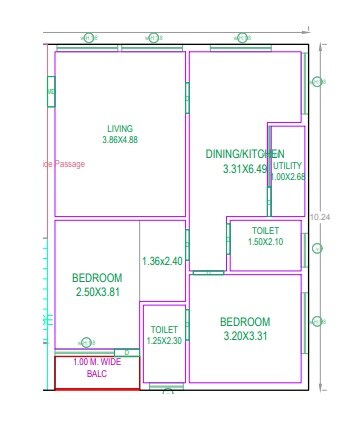 Floor plan of 2 BHK 1169 Sq. Ft. Apartment in BVR Laxmi Happy Homes, Hyderabad