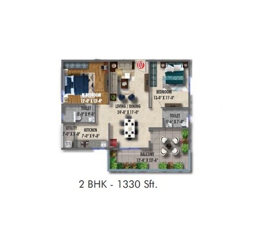 Floor plan of 2 BHK 1330 Sq. Ft. Apartment in Cadol Mysa, Hyderabad